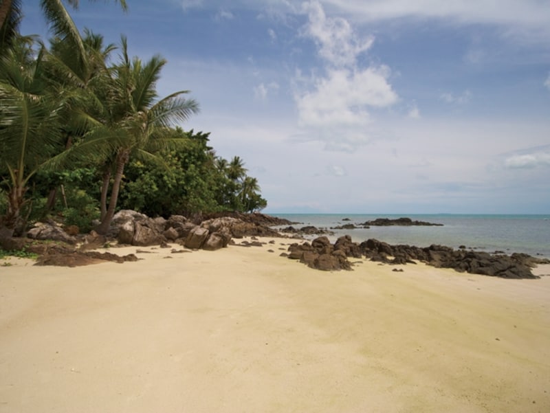 丘陵を降りてゆくとプライベートビーチが。美しい砂浜には貝殻もたくさん!