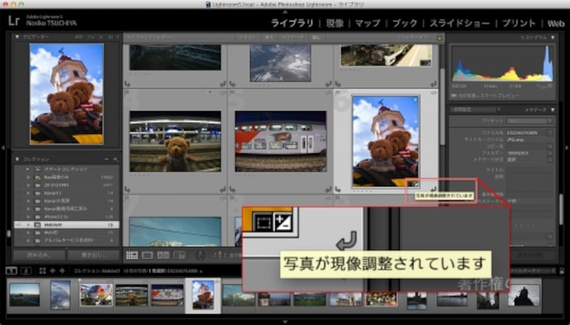 パソコンのLightroomの同期したコレクション。編集した写真のサムネールには「写真が現像調整されています」というアイコンが追加されています。