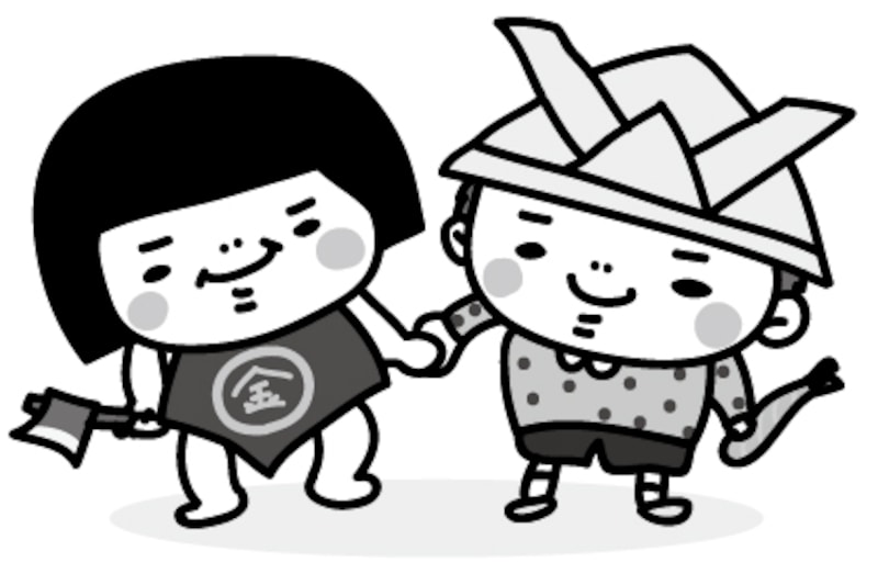金太郎と男の子　こどもの日　白黒　かわいい