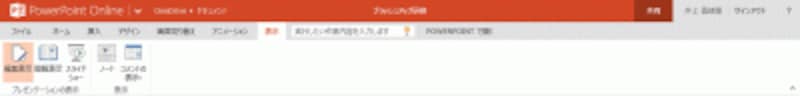 「表示」タブには、スライドマスター関連のボタンが一切ない。ルーラーやガイドも表示できない