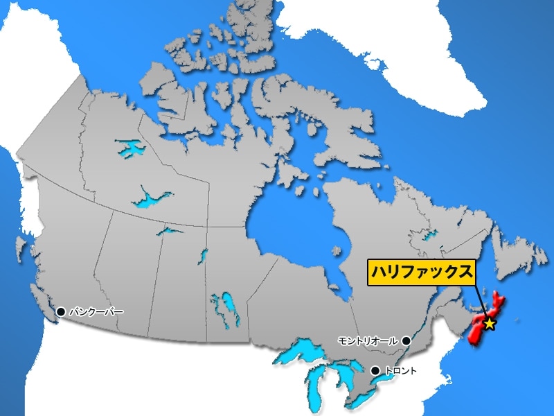 地図上の赤い部分がノバスコシア州。ハリファックスはその州都(クリックで拡大)