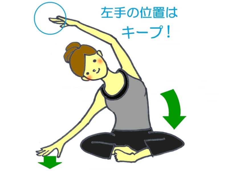 右手でしっかり床を押し、左のお尻を戻していきましょう