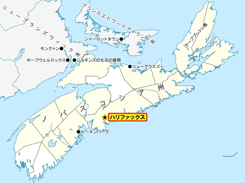ハリファックスと主な見どころ。車がないとアクセスの難しい場所が多数 (クリックで拡大)