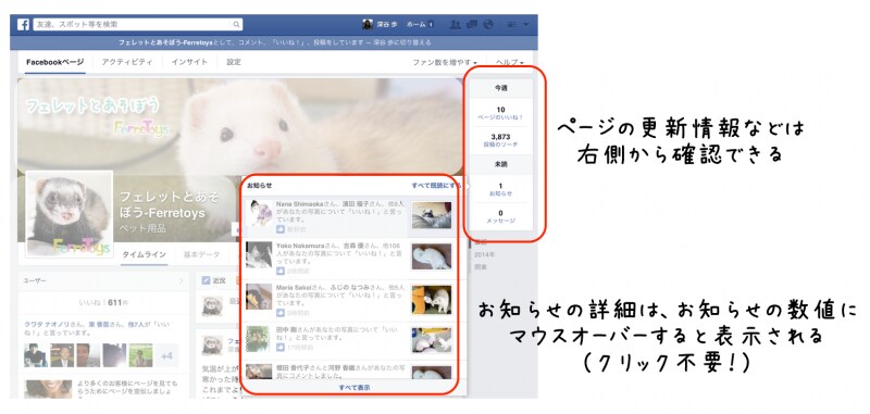 ページのお知らせはマウスオーバーで内容確認できる