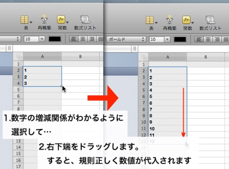 数字や日付が自動的に増えます。Excelなどと同じ操作です（クリックで拡大）