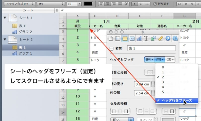 ヘッダをフリーズすることで、スクロールで見えなくなることがなくなります（クリックで拡大）