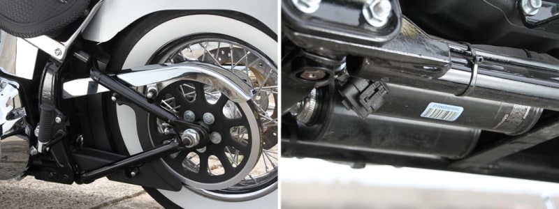 ［左］ソフテイルフレームの特徴がこのライン ［右］フレーム下部に仕込まれた特性サスペンション