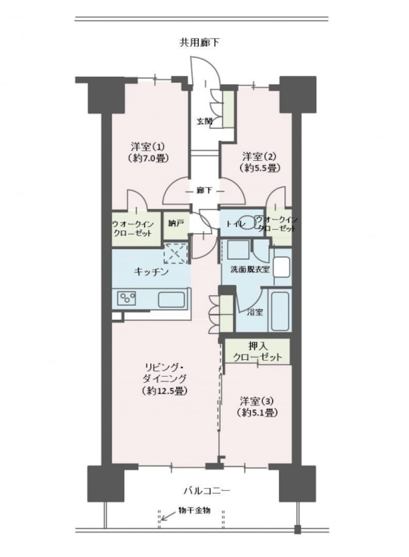 【図1】基準階間取り図。一般的な外廊下型の田の字プラン(クリックで拡大)