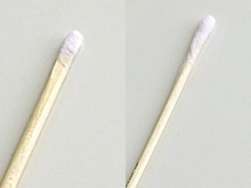 コットンスティックの作り方3:左/薄めに巻いたコットンスティック、右/厚めに巻いたコットンスティック