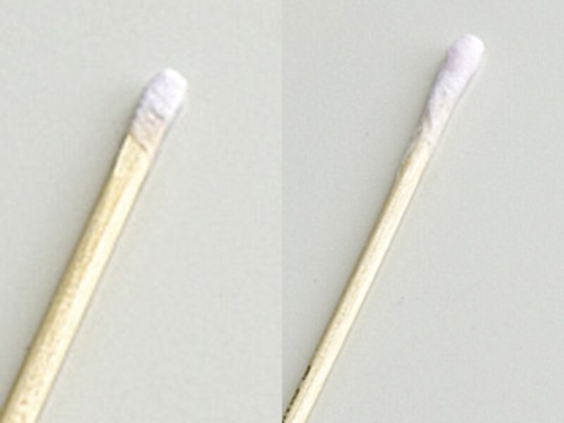 コットンスティックの作り方3：左／薄めに巻いたコットンスティック、右／厚めに巻いたコットンスティック