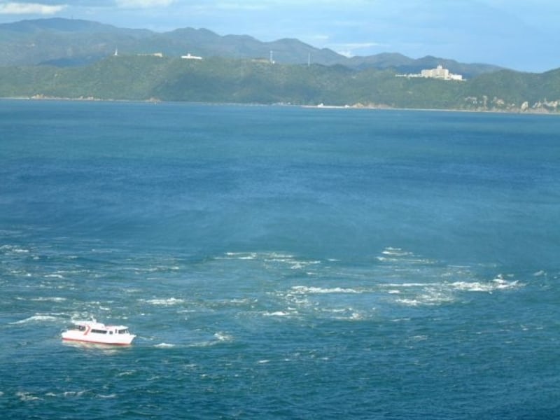 渦の道から眺める鳴門海峡と観潮船