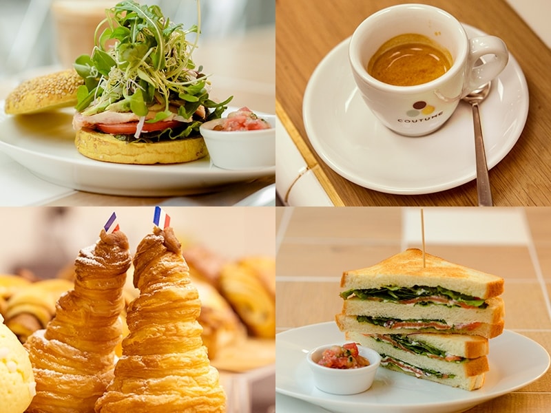 左上：スモークチキンとスプラウトのサンドundefined左下：ゴントラン シェリエのパンの数々右上：エスプレッソundefined右下：スモークサーモンのホットサンド