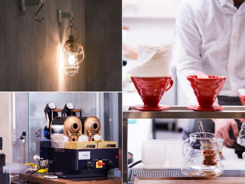 左下：青山店に飾られたロースターundefined右：赤いハリオV60が色彩のアクセントに