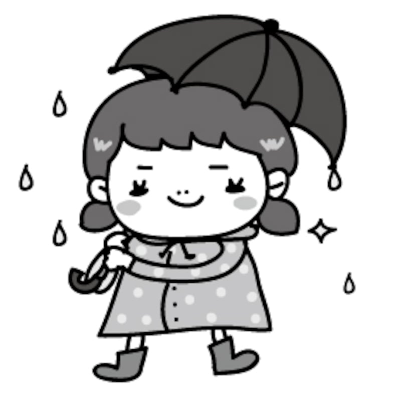 女の子　梅雨　イラスト　白黒　かわいい
