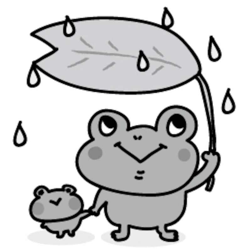 かえるの親子　梅雨　イラスト　白黒　かわいい