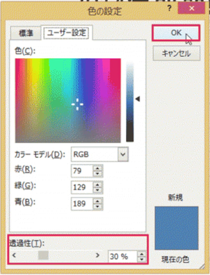 「透過性」の数字が多いほど、透明感が増して下の内容が透けて見える。