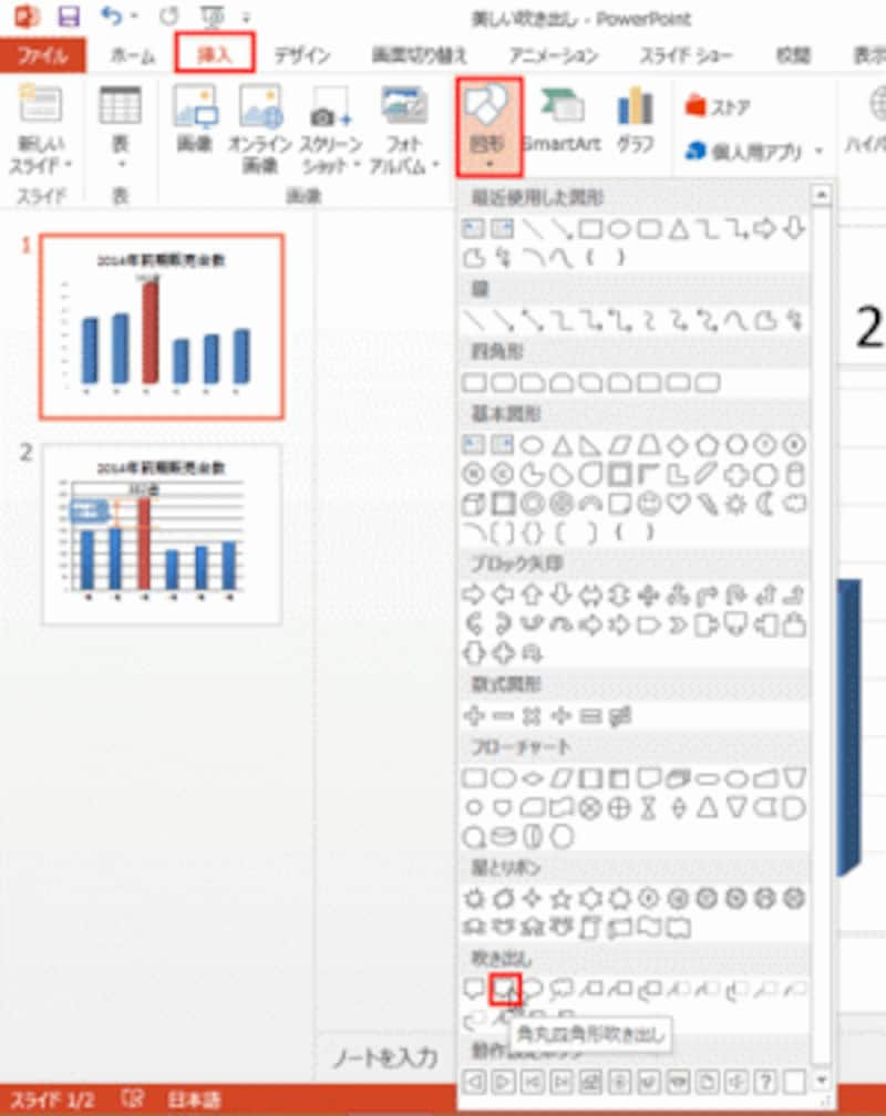 角丸四角形吹き出しや四角形吹き出しを使うのが一般的だ。