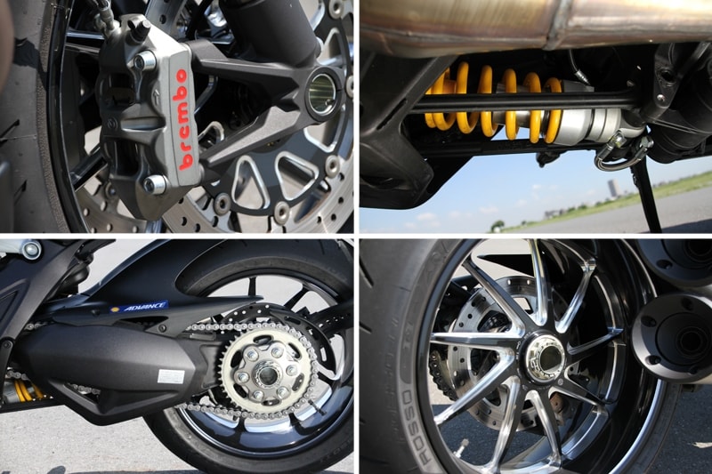 最新技術を投入したブレンボ製ブレーキに専用ホイール、オーリンズ製サスペンションなどスポーツバイクとしての追求もしているディアベル カーボン