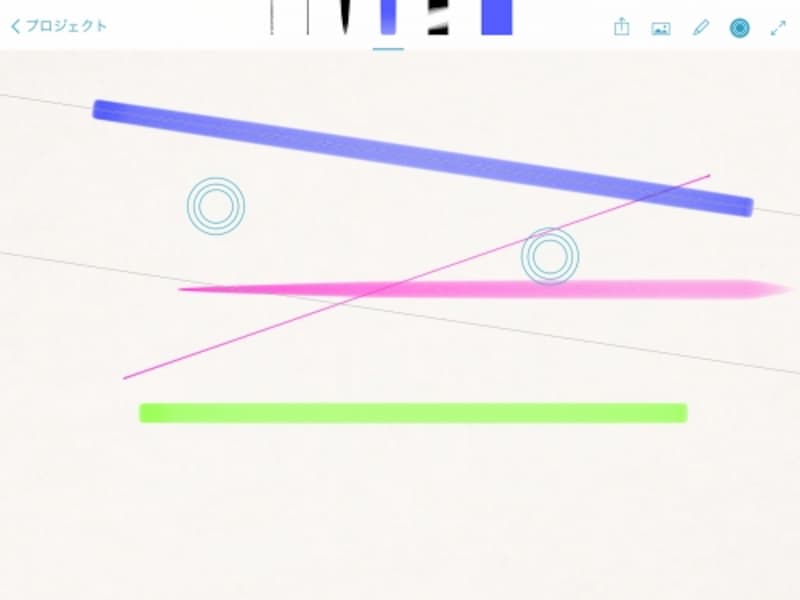 Adobe Sketchで定規を使って直線を描いている例。