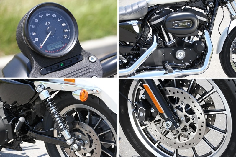 フロントがダブルディスク仕様であるところがXL883Rの見どころ。