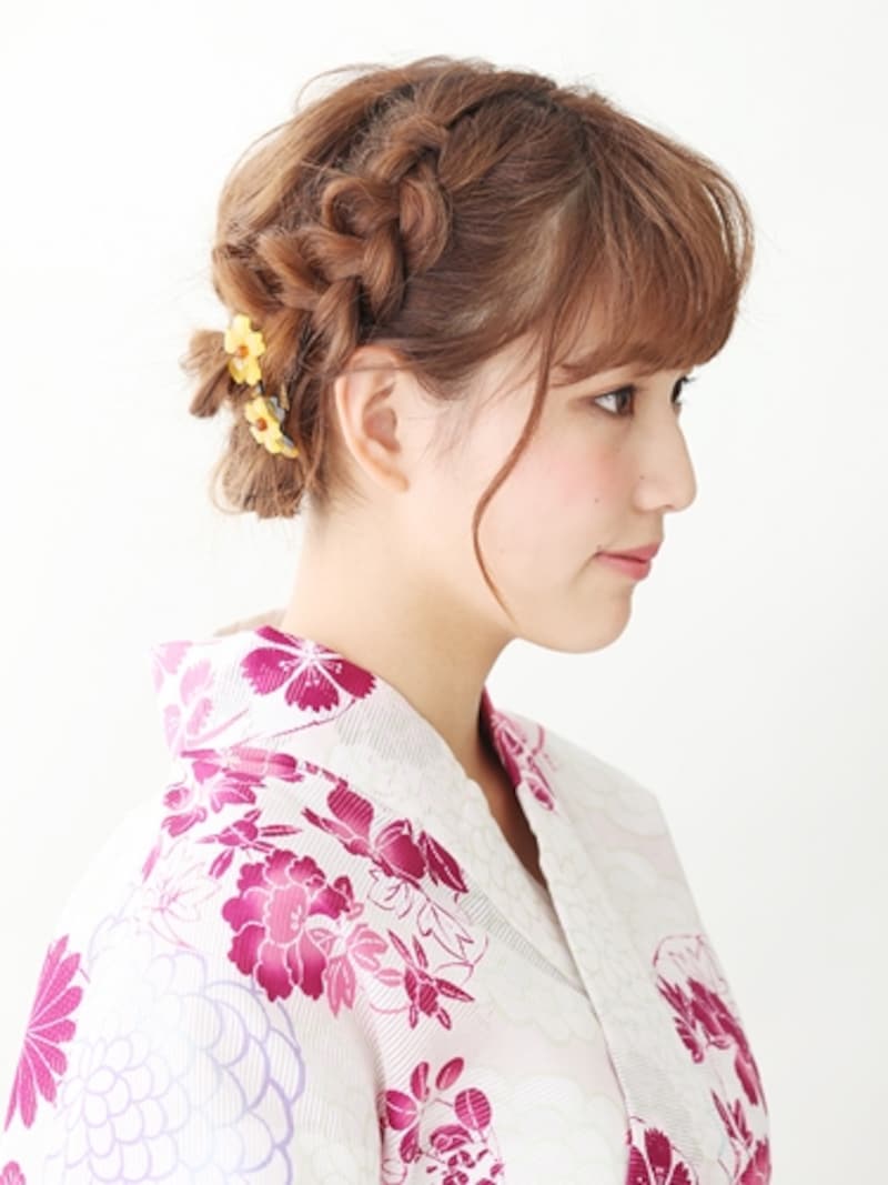 ミディアム浴衣・編み込みで作る清楚なまとめ髪