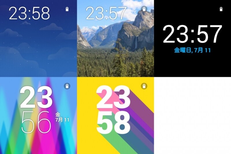 左上から、シンプル、Photos、Digital、Aurora、Pop