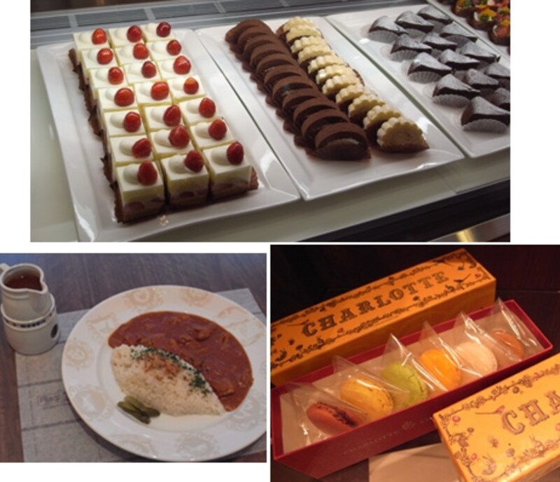 ケーキやショコラは専門店出身のパティシエやショコラティエが担当し、味も本格的。写真下はウワサのチョコレートカレー!
