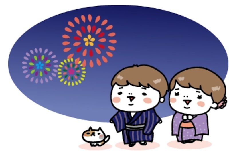 【カラー】花火大会を見物する子どもたちとネコです。