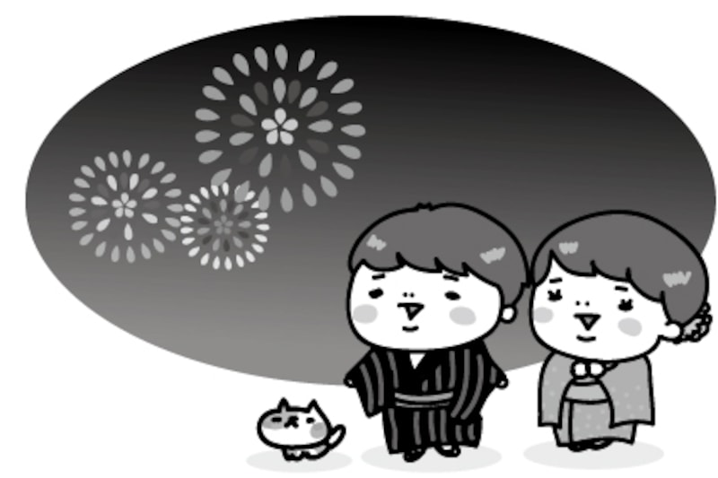 【モノクロ】花火大会を見物する子どもたちとネコです。