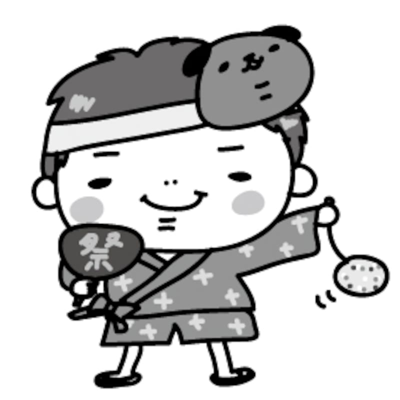【モノクロ】甚平を着て、祭りを楽しむ男の子です。