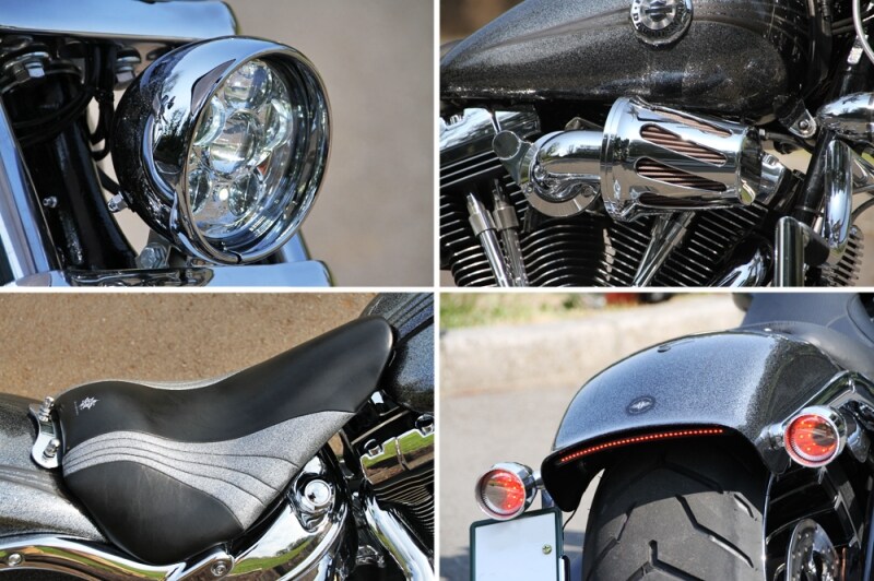 LEDヘッドライト、スクリーミンイーグル製エアクリーナー、カスタムショップ『トライジャ』製ソロシート、240mmタイヤとの組み合わせがインパクトなリアエンド。