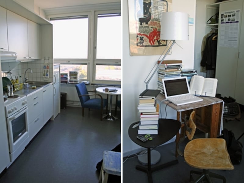 左：キッチンまわりが意外に充実しているワンルーム。ダイニング用のテーブルとチェア2脚が窓際に置かれています。undefined右：こちらは書斎スペース。論文執筆に疲れたら、ダイニングテーブルやソファベッドに移動してリフレッシュ
