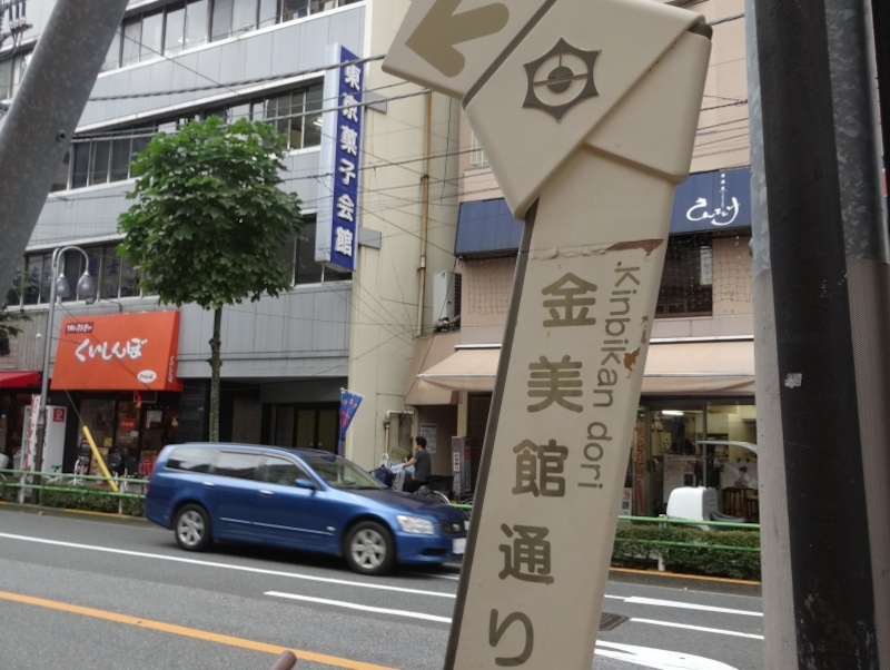 左端に見えている青い看板「東京菓子会館」の場所に金美館があった