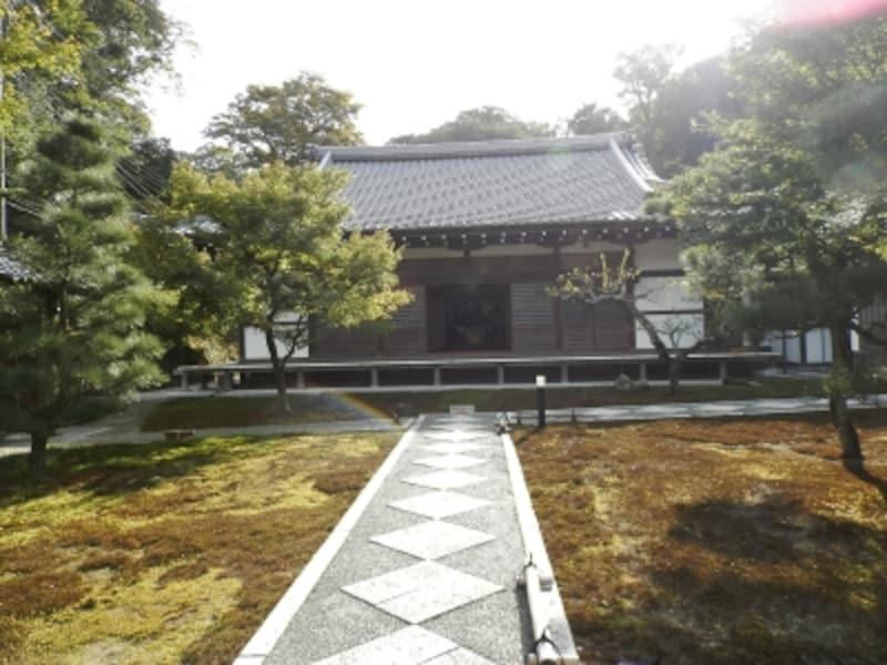 コケのお庭を通り長寿寺の本堂へ