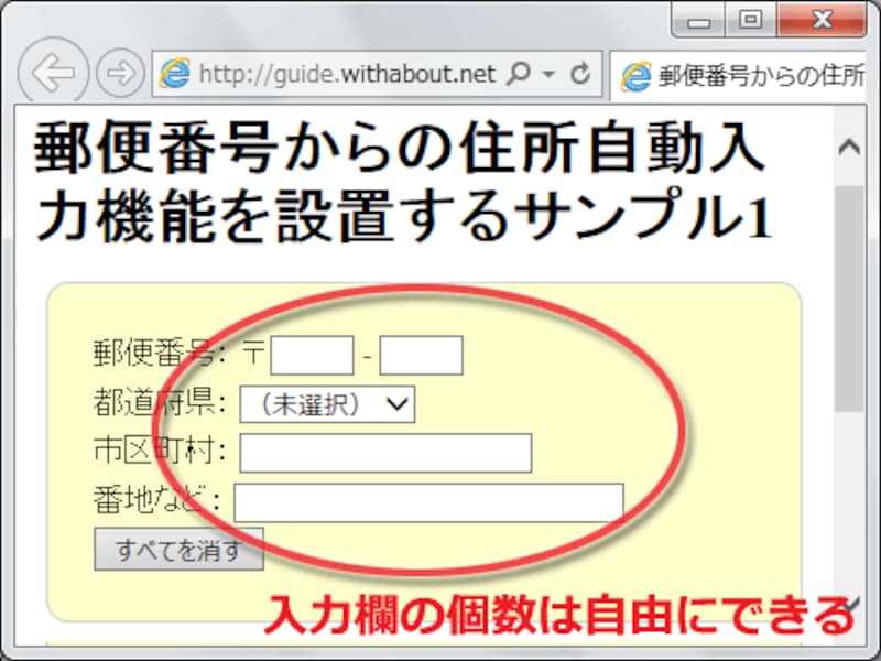 郵便番号から住所が自動補完される入力フォームは、好きなようにHTMLで作ったものが使える