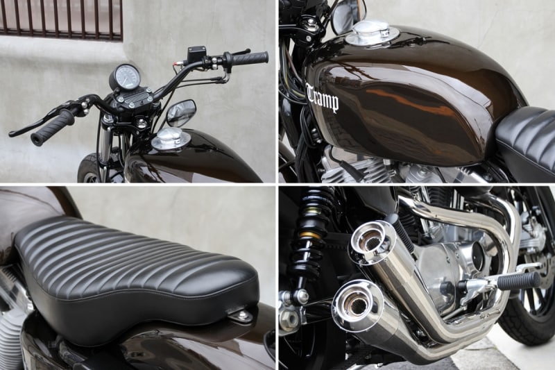 もっともラクなポジションとなるミリサイズのハンドルバーに厚みのあるシート、大きなフューエルタンクなど、長旅仕様なスポーツスター。