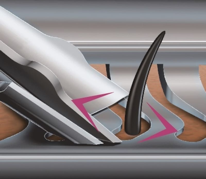 ヒゲが自然と穴の中央に入り込んでくることで、より多くのヒゲを逃さずカットできます。さらに内側で迎え撃つ刃も実は同じV字形状を採用しました。VとVがそれぞれ正面で向かい合うような形で動かすことで、しっかりとカッティングができます