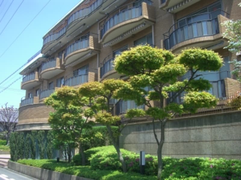 曲線仕上げのバルコニーや手入れの行き届いた植栽に品の良さを感じるマンション