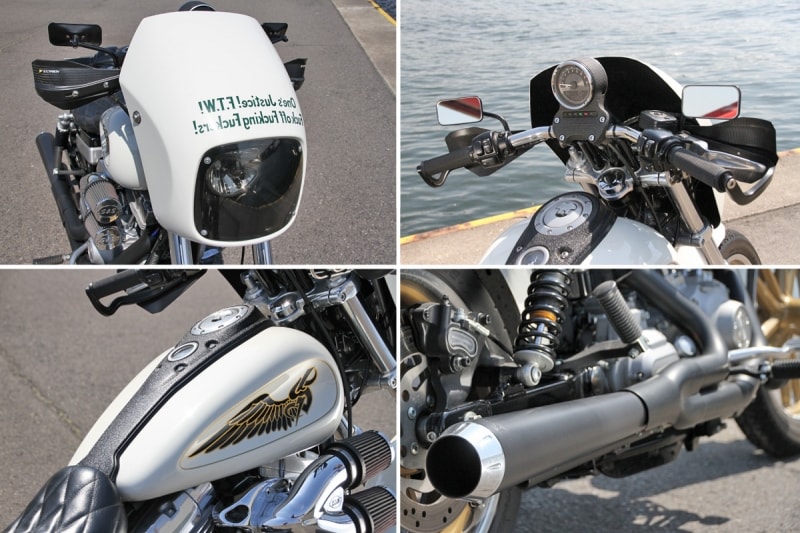 マッドマスクカウルに攻撃的なドラッグバー&ハイライザー、エグられたフューエルタンク、そしてよりパワーを引き出す2in1マフラーなどが換装。