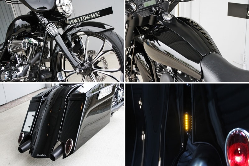 造形に秀でたU.S.製ビレットパーツをずらりと取り入れ、絶妙のバランス感覚でフィニッシュ。リアに埋め込まれたLEDウインカーランプがそのスタイリングを損ねません。