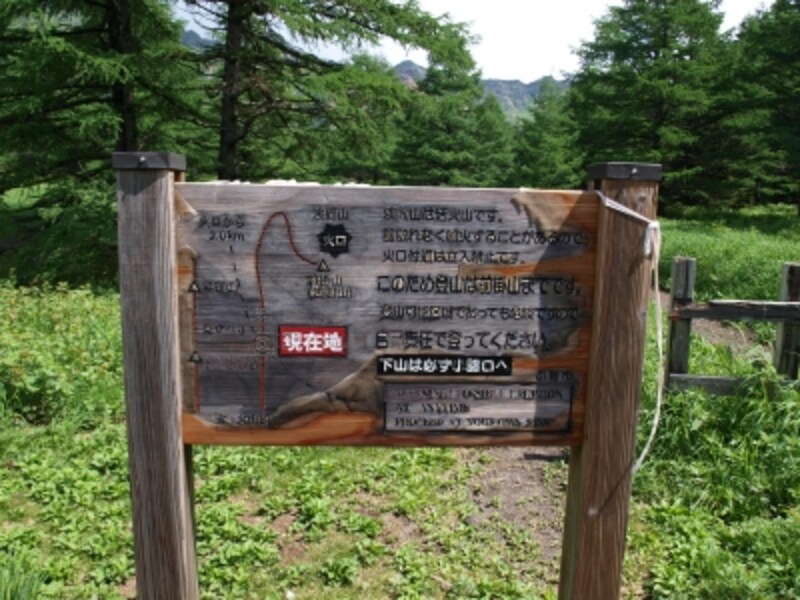 浅間山の火山警報案内板