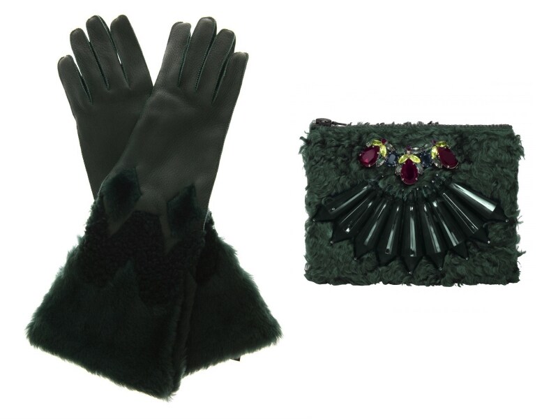 左から、BURBERRY PRORSUM／Zoe leather and shearling gloves、MAWI／Green Fuzzbug