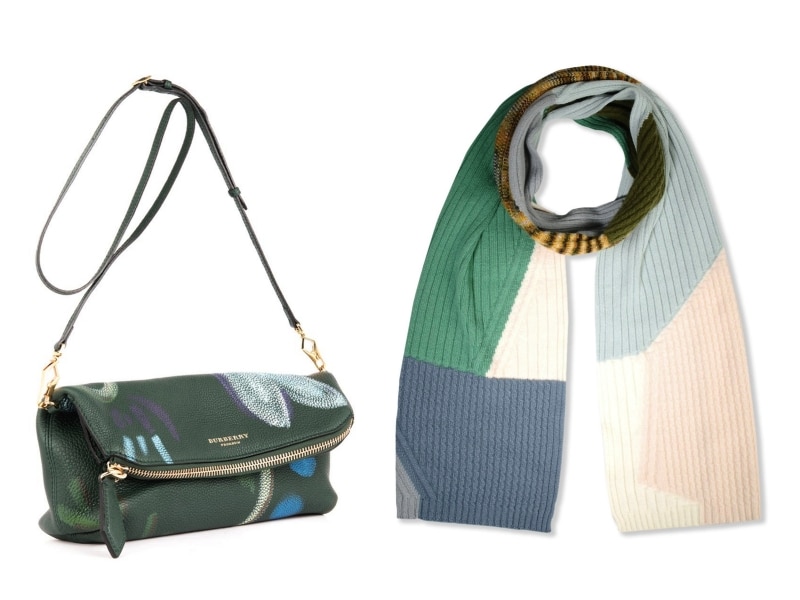 左から、BURBERRY PRORSUM/Petal hand-painted leather clutch、MISSONI/Oblong scarf