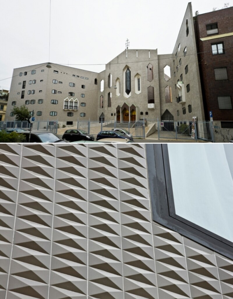 修復後のサン・フランチェスコ教会外観（上）とタイル面のアップ（下） 撮影：梶原敏英