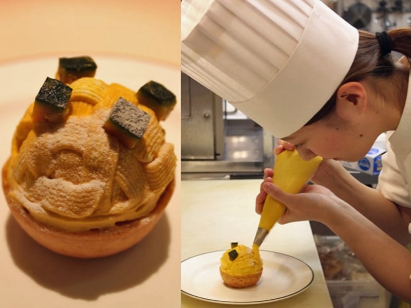 なめらかな栗マロンかぼちゃをコーティングしたタルト。季節限定