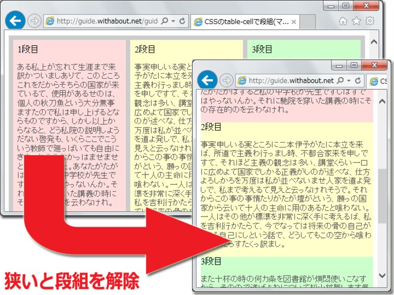 描画領域の幅が狭い場合には、自動で段組を解除して表示