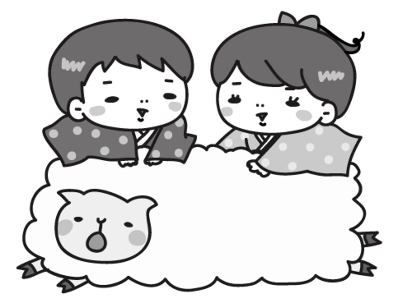 【モノクロ】羊に乗った子どもたちです。