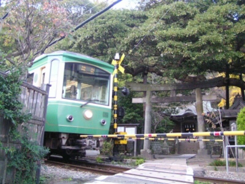 御霊神社のすぐ前を走る江ノ電