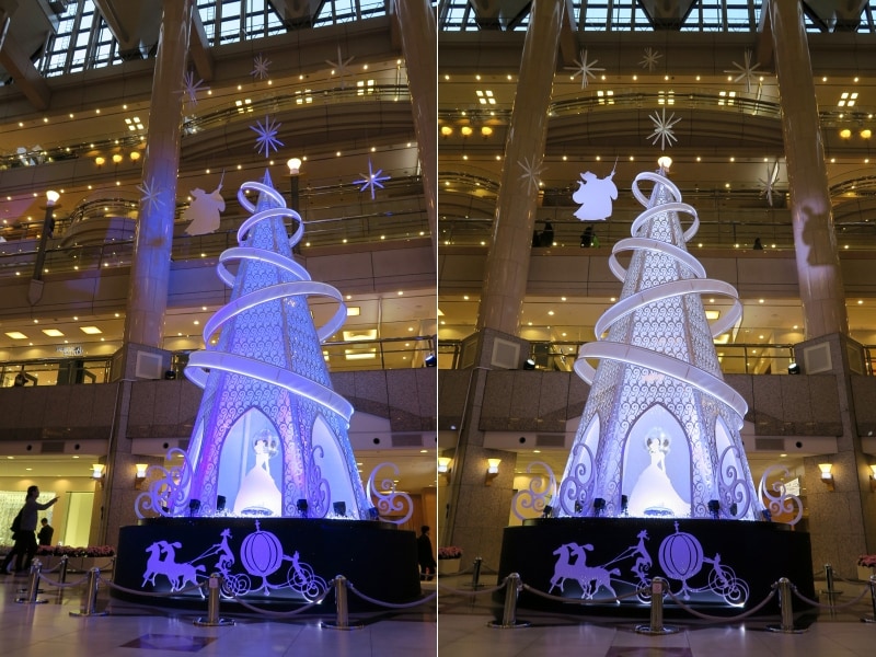 ランドマークプラザ 1階ガーデンスクエアには「シンデレラ」をイメージしたツリーが登場。ツリーの色がピンクやブルー、ホワイトに変化します。(C)Disney