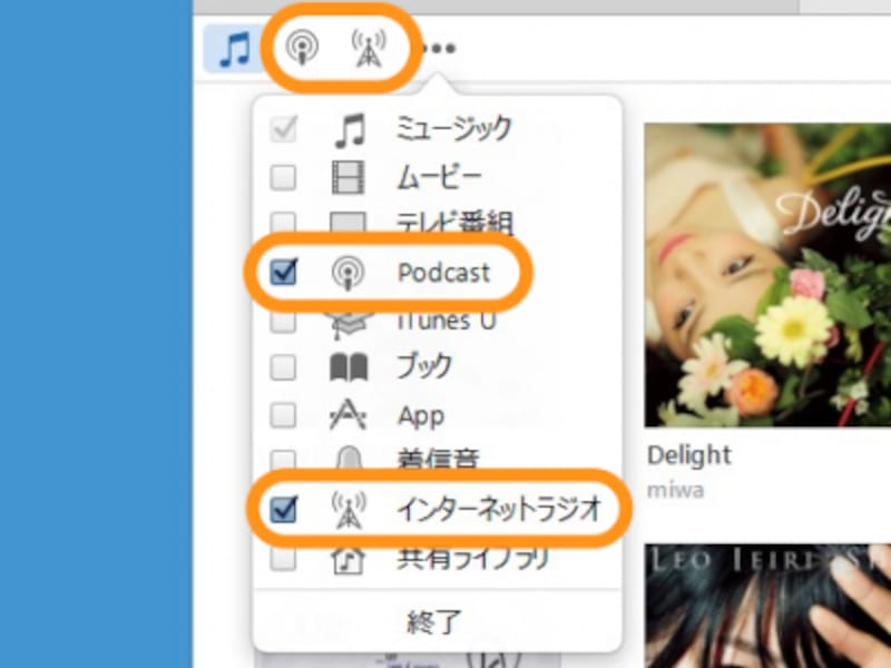チェックを入れたカテゴリが、アイコンとして表示される(ミュージックは非表示にできない)